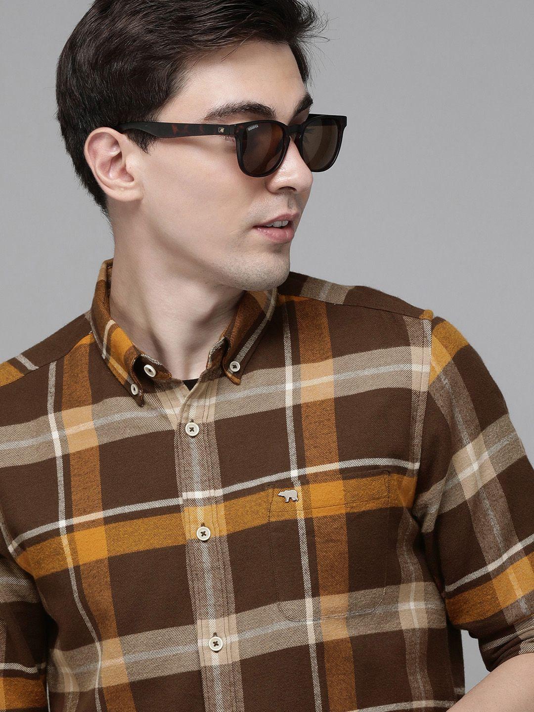 the bear house men mustard slim fit pure cotton checked casual shirt
