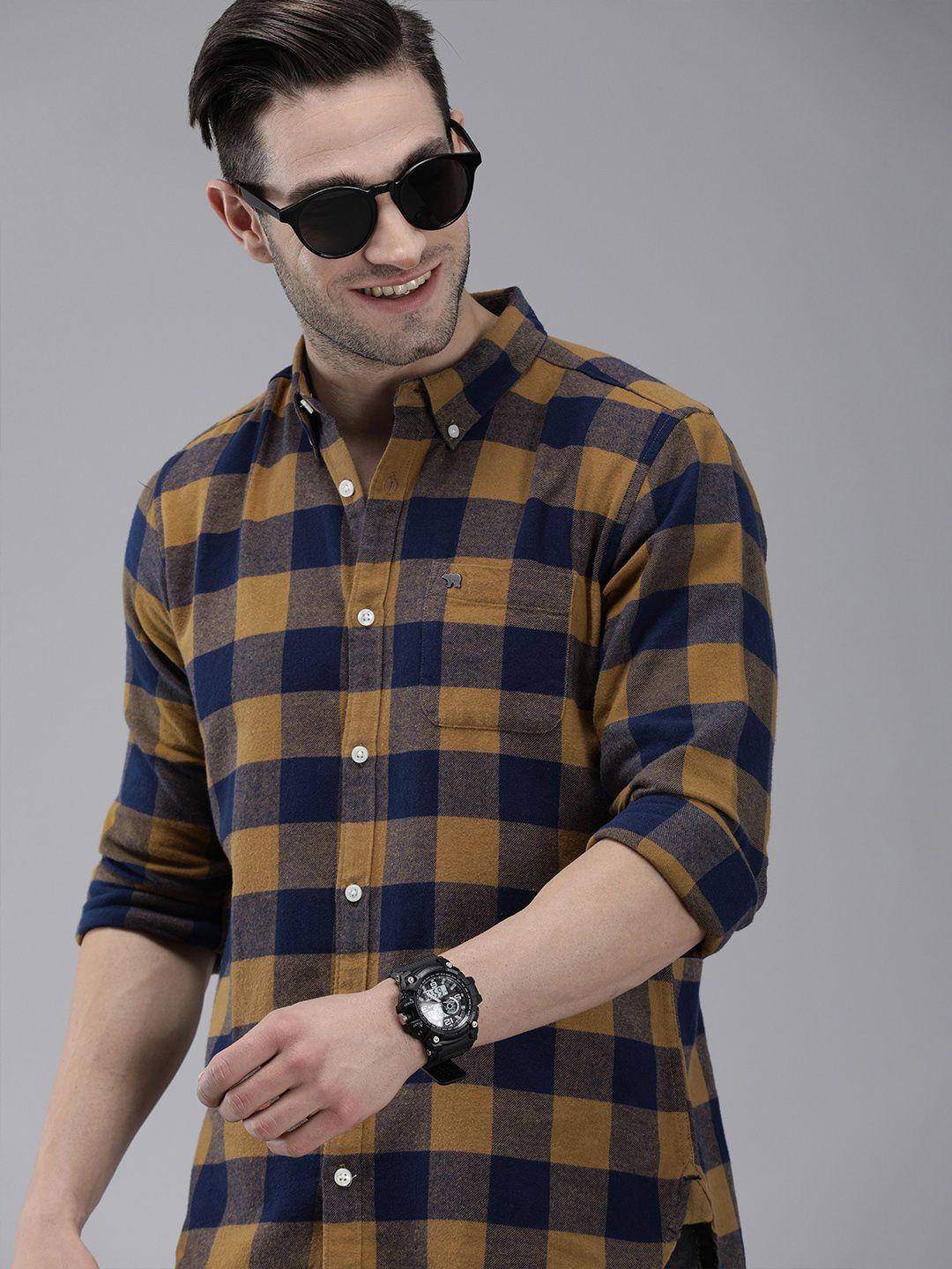the bear house men mustard yellow slim fit checked flannel pure cotton casual shirt