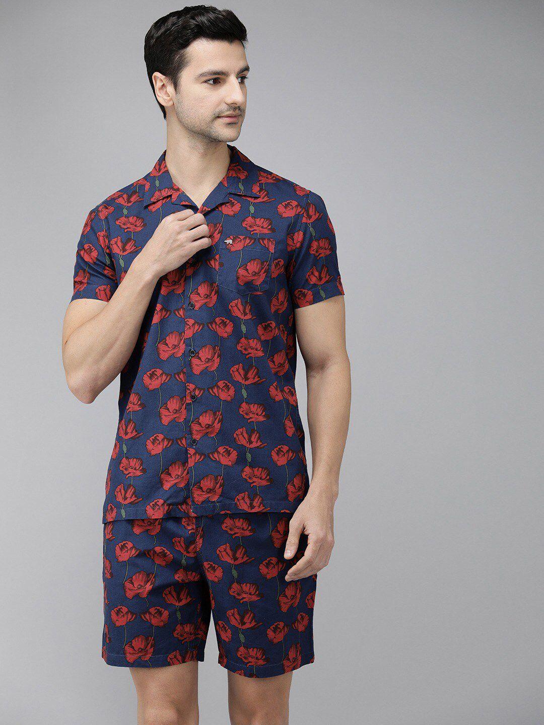 the bear house men navy blue & red floral printed pure cotton night suit