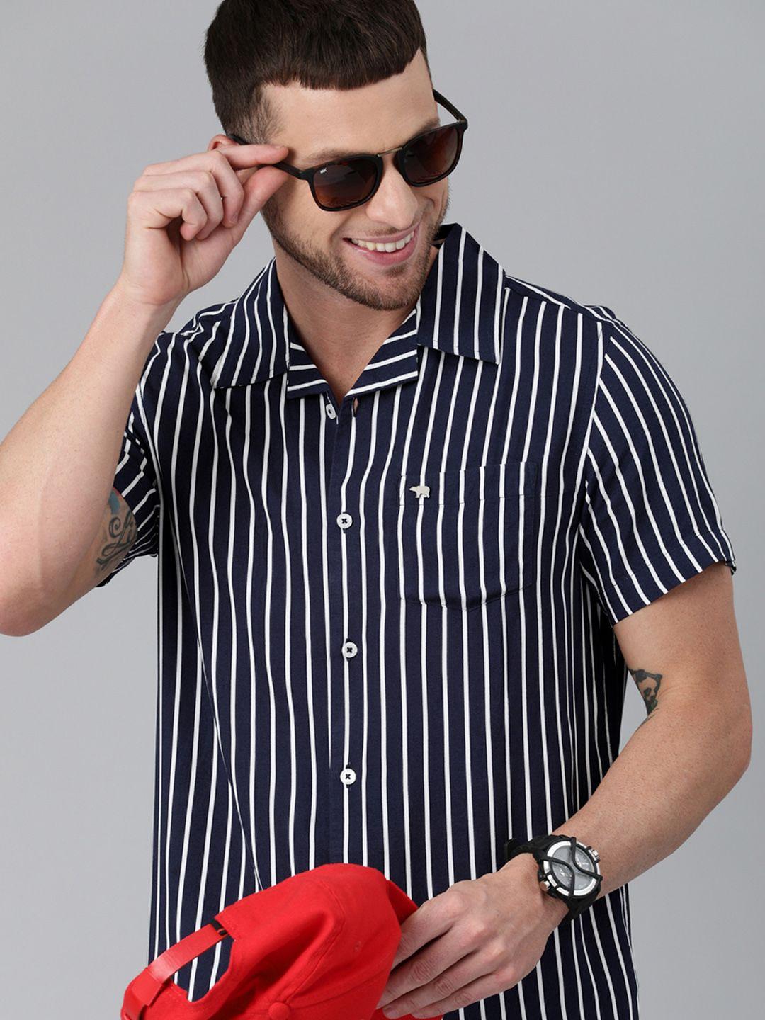 the bear house men navy blue & white slim fit striped casual shirt