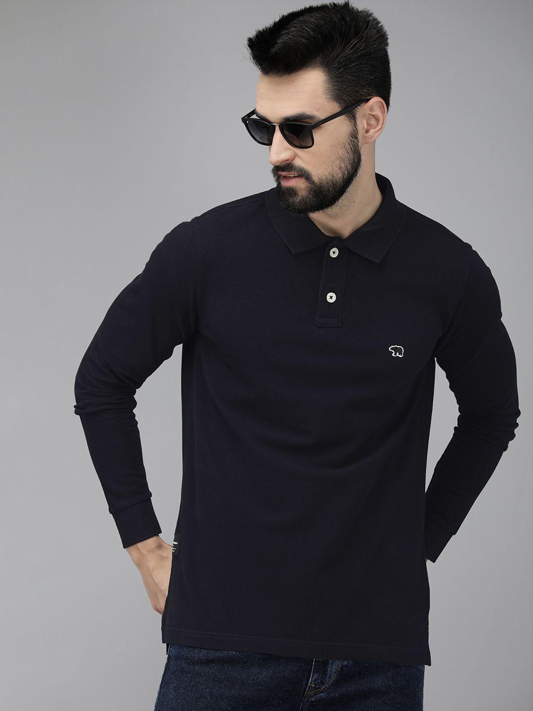 the bear house men navy blue pure cotton solid polo collar slim fit t-shirt