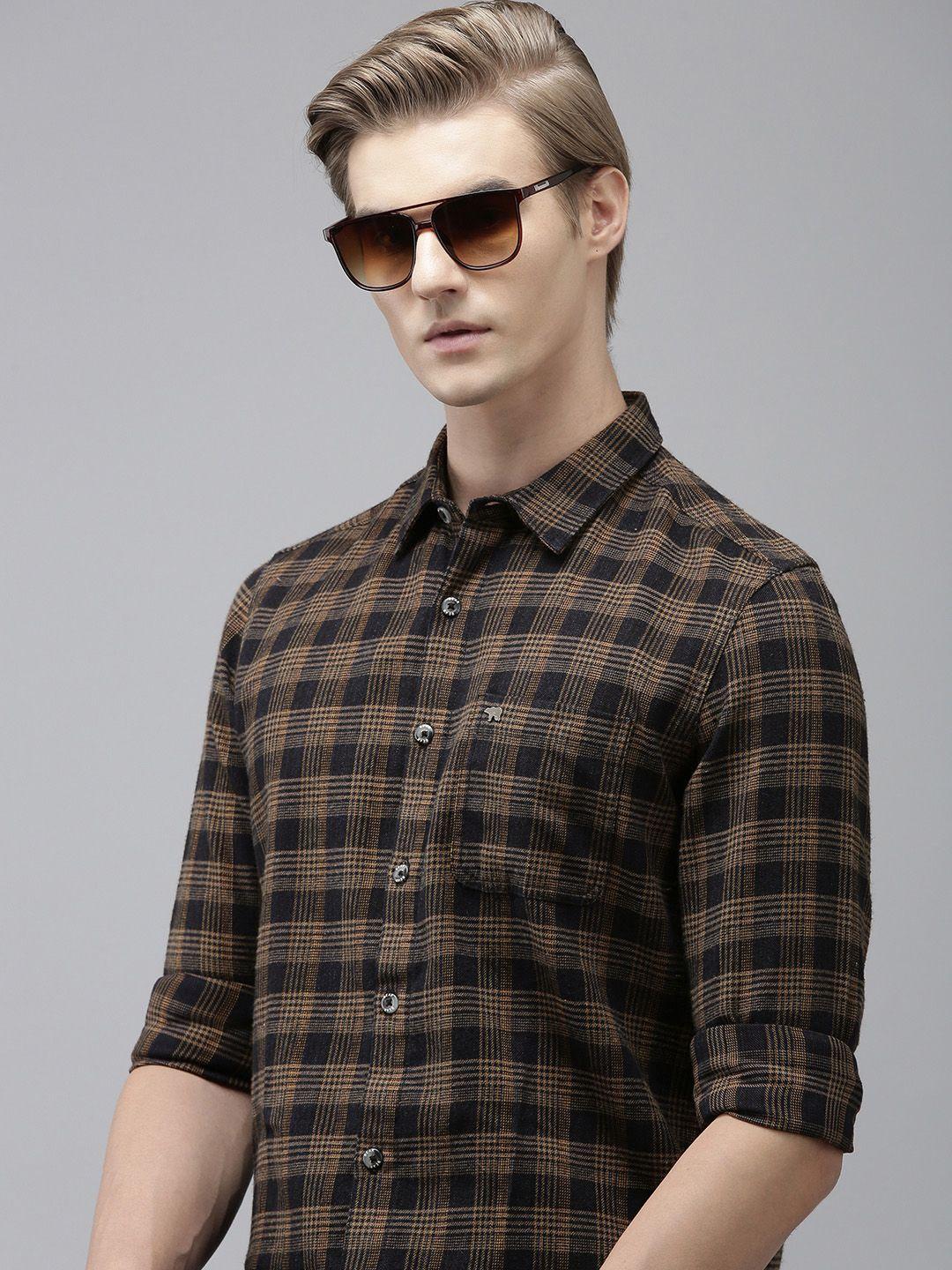 the bear house men navy blue slim fit opaque checked casual shirt