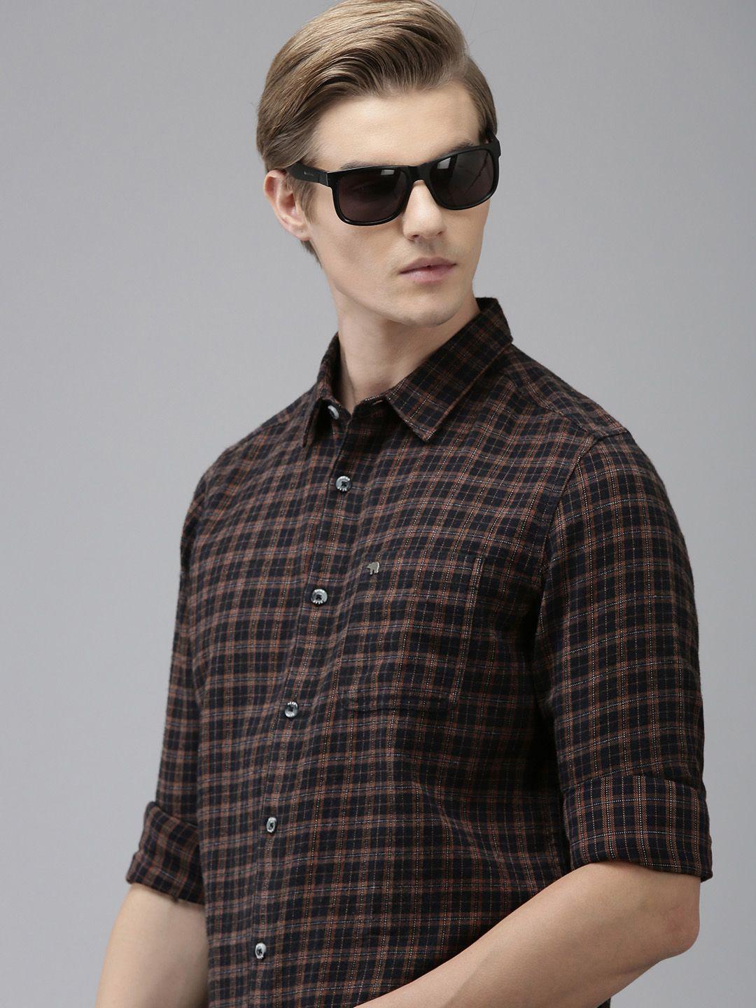 the bear house men navy blue slim fit opaque checked casual shirt