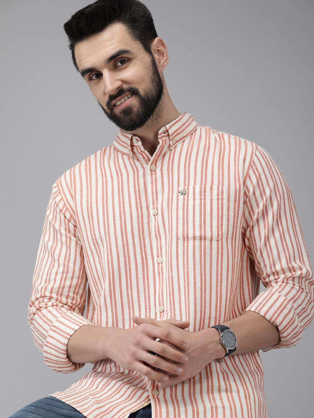 the bear house men off white & orange slim fit striped linen cotton casual shirt