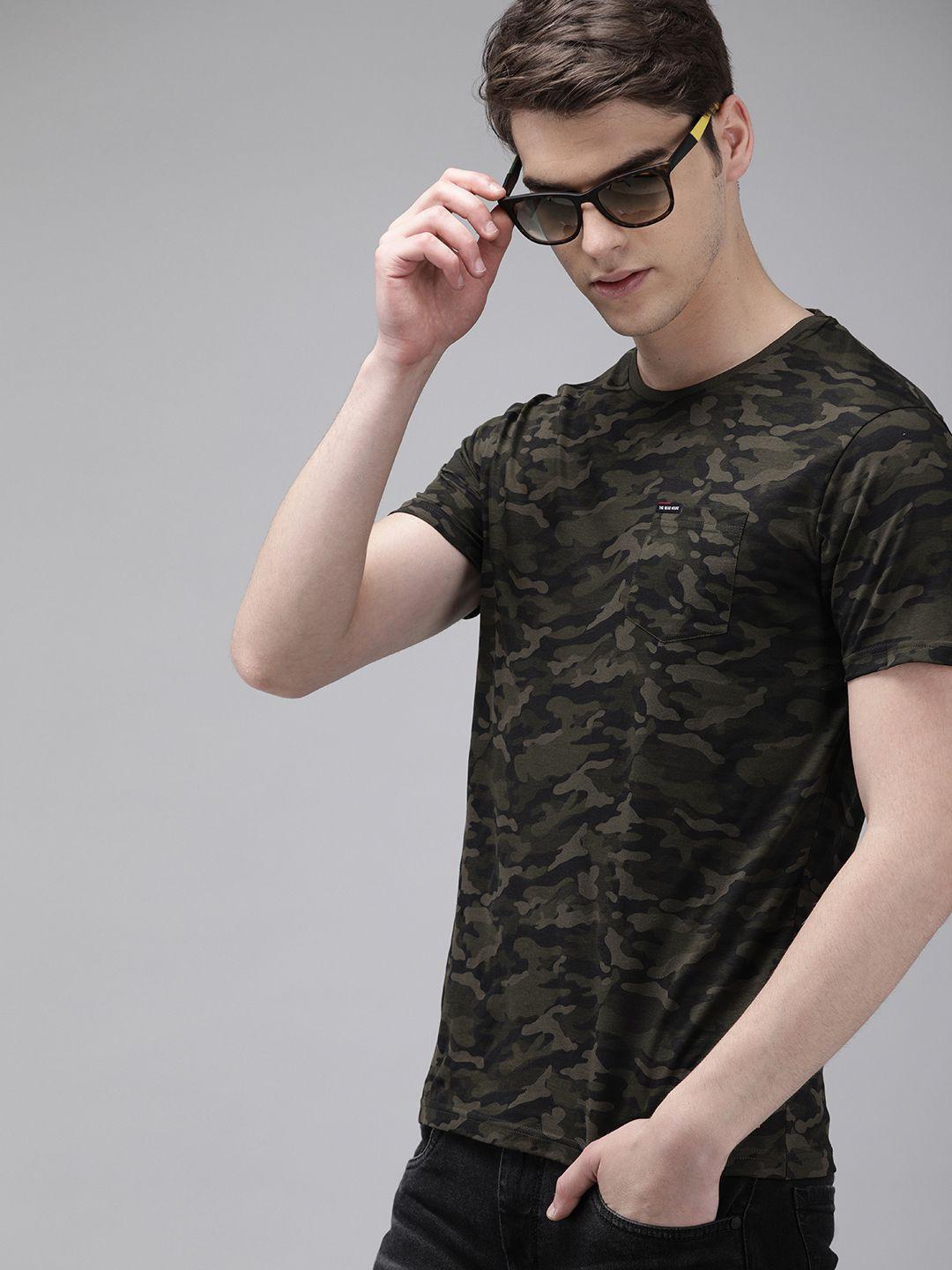 the bear house men olive green  black slim fit camouflage printed round neck pure cotton t-shirt