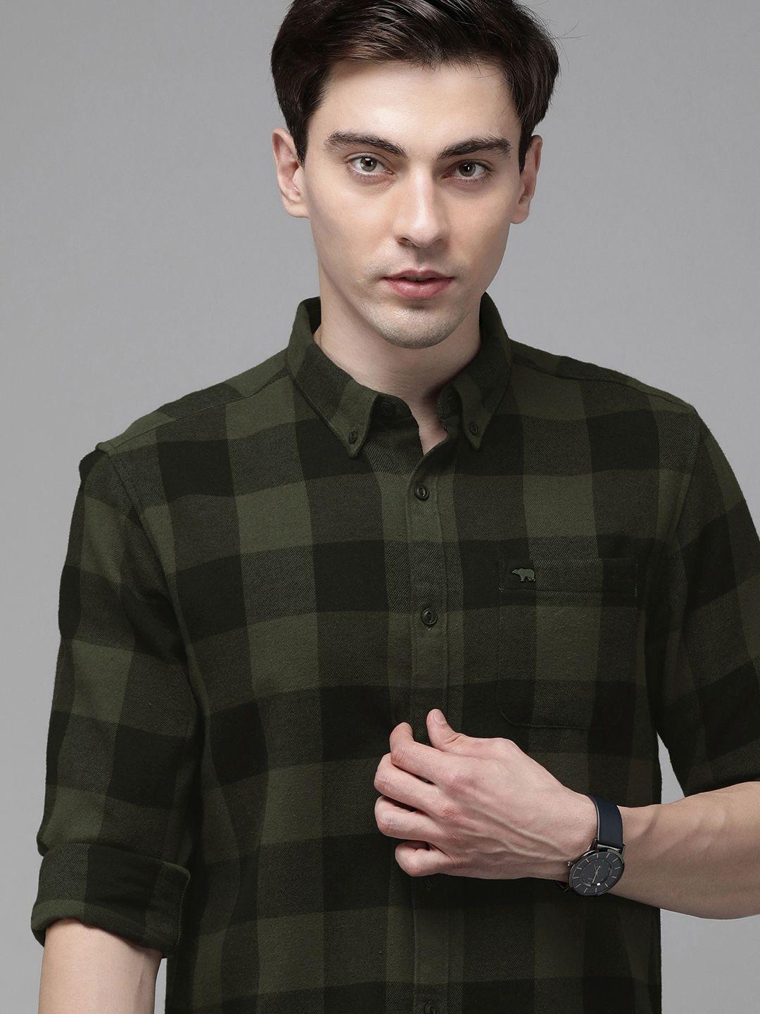 the bear house men olive green slim fit pure cotton checked casual shirt