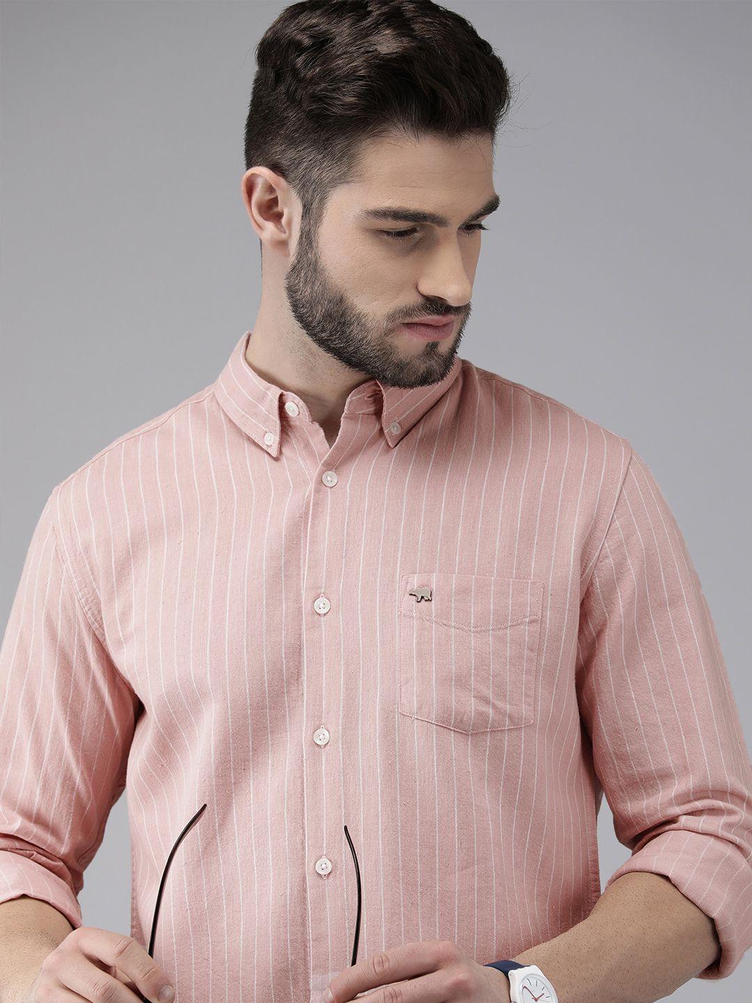 the bear house men pink cotton linen slim fit striped casual shirt