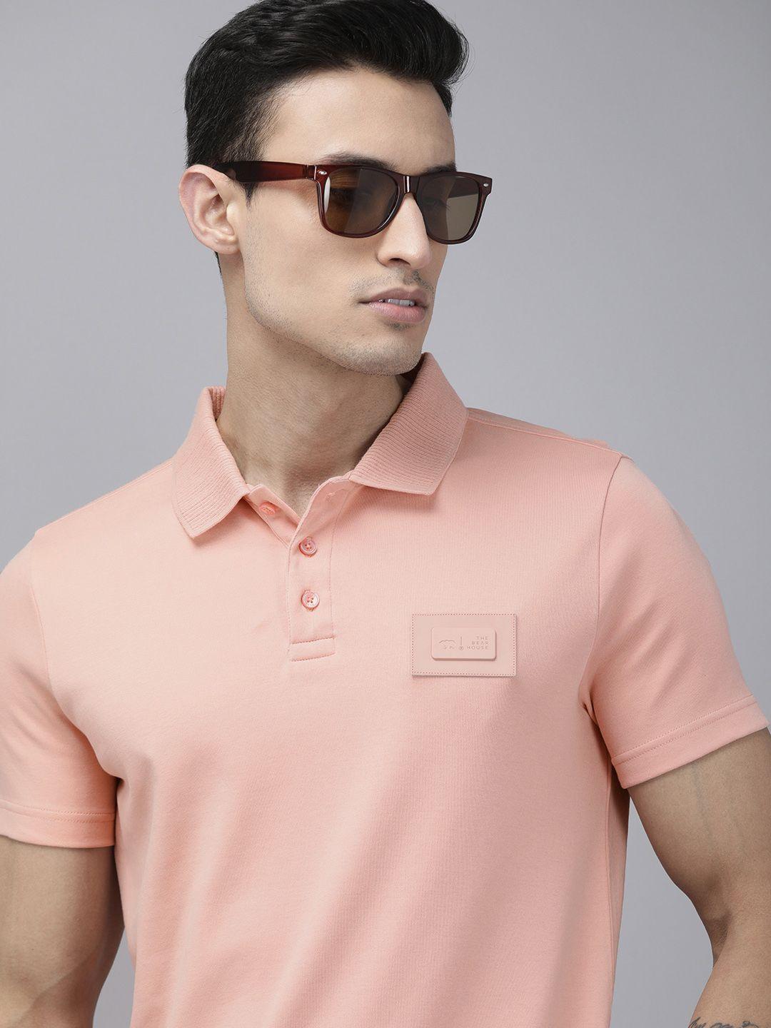 the bear house men pink polo collar applique slim fit t-shirt