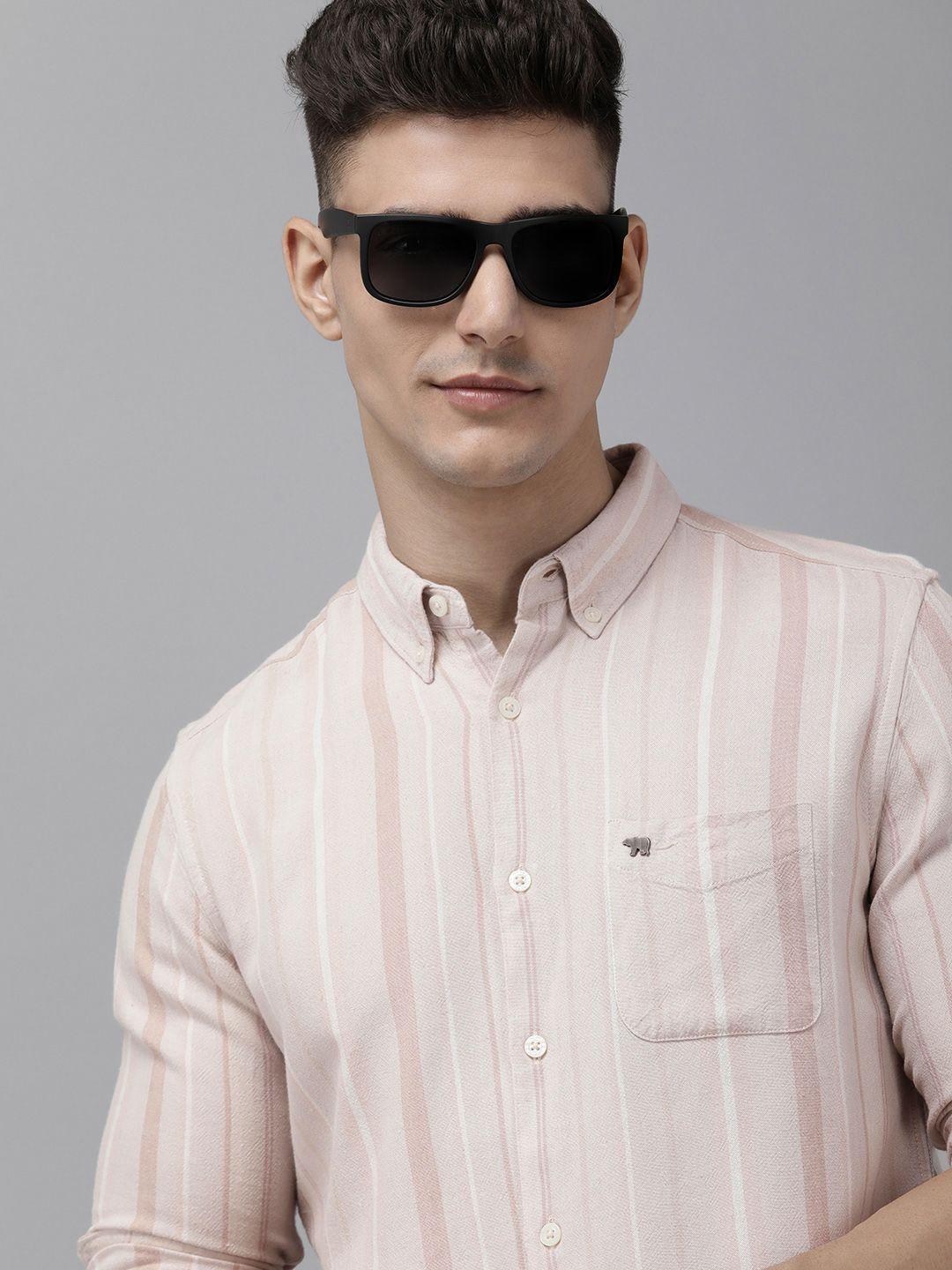 the bear house men pink slim fit opaque striped casual shirt