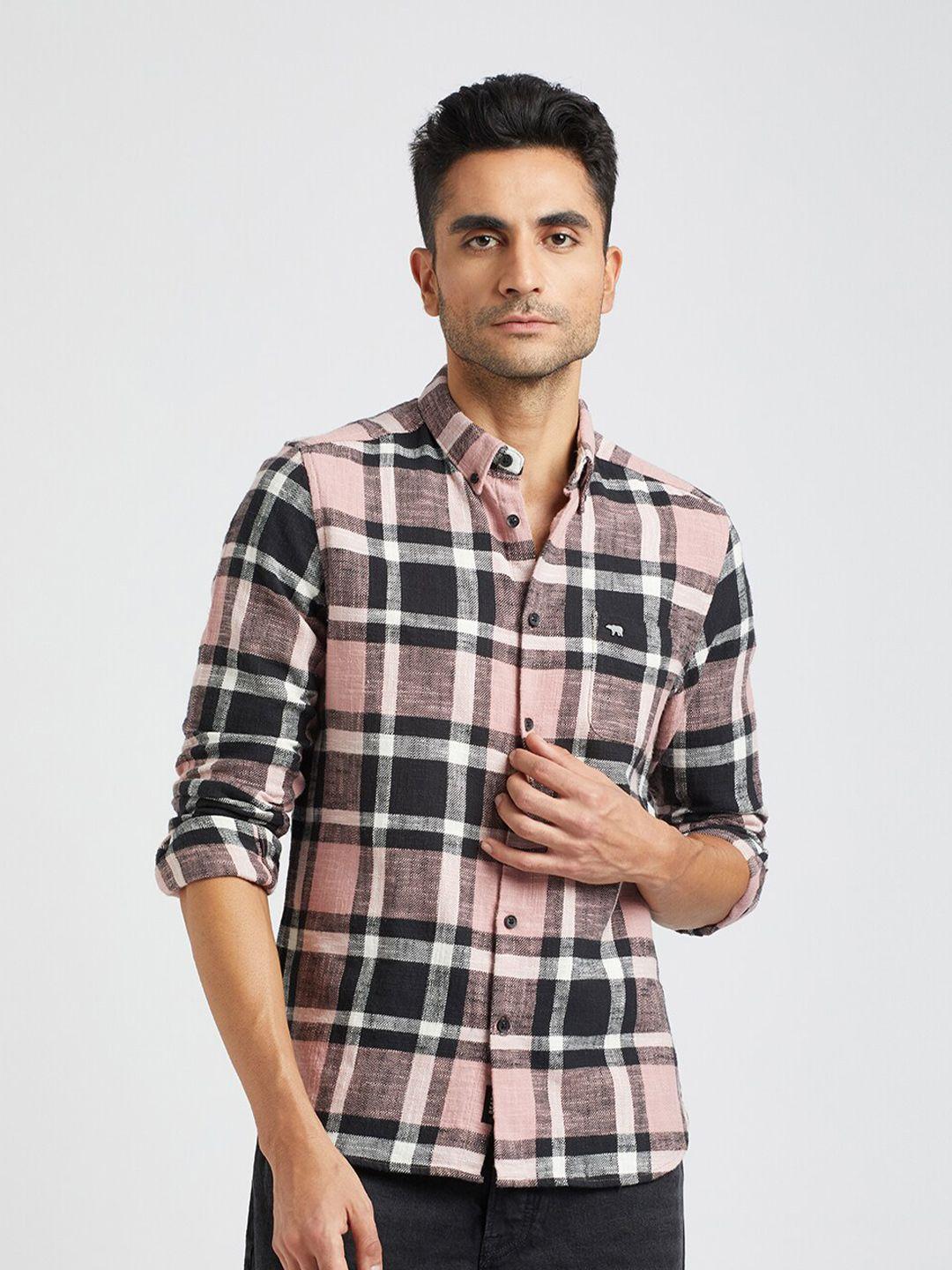 the bear house men pink slim fit tartan checks opaque checked casual shirt