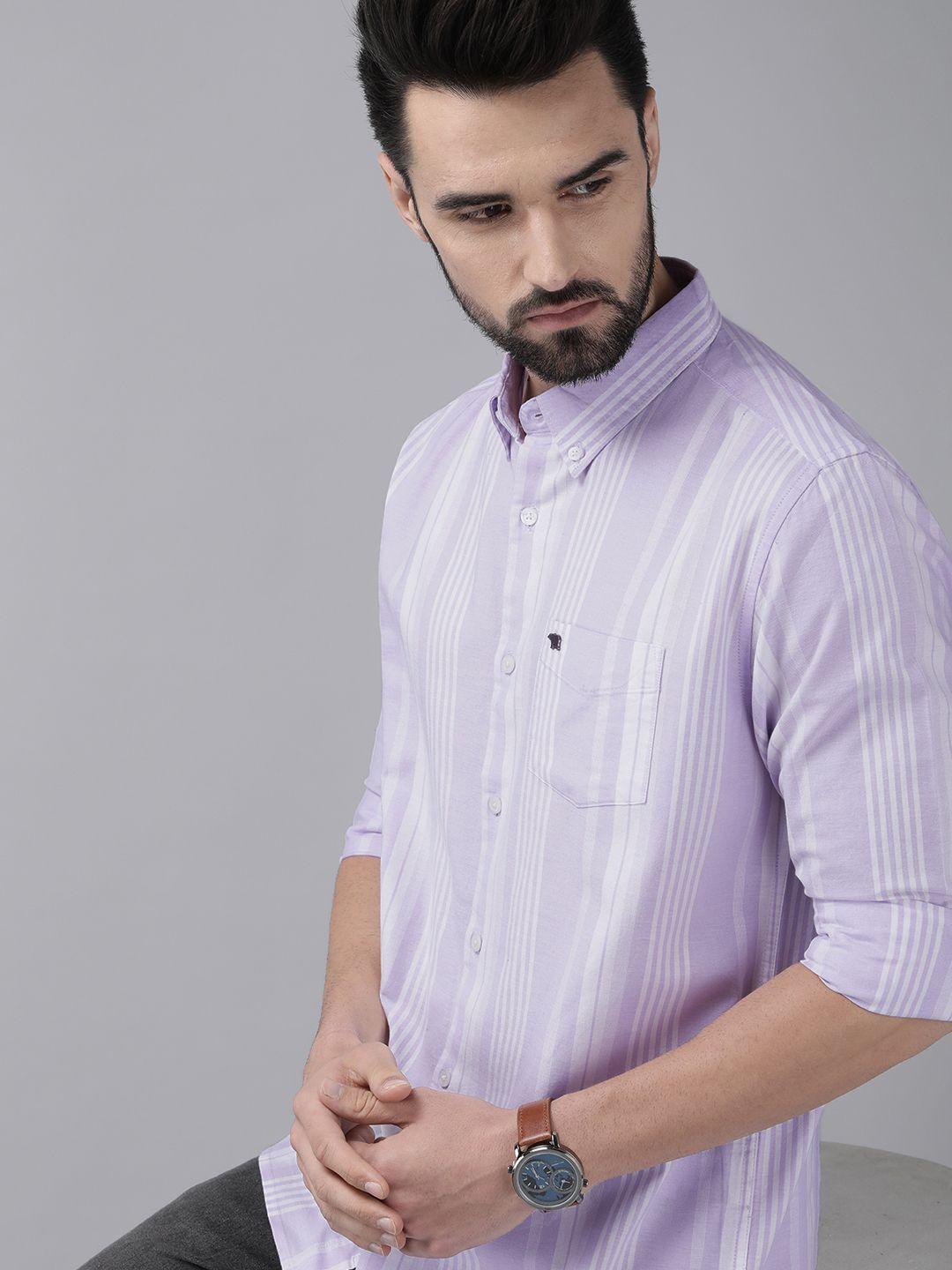 the bear house men purple & white pure cotton slim fit striped casual shirt