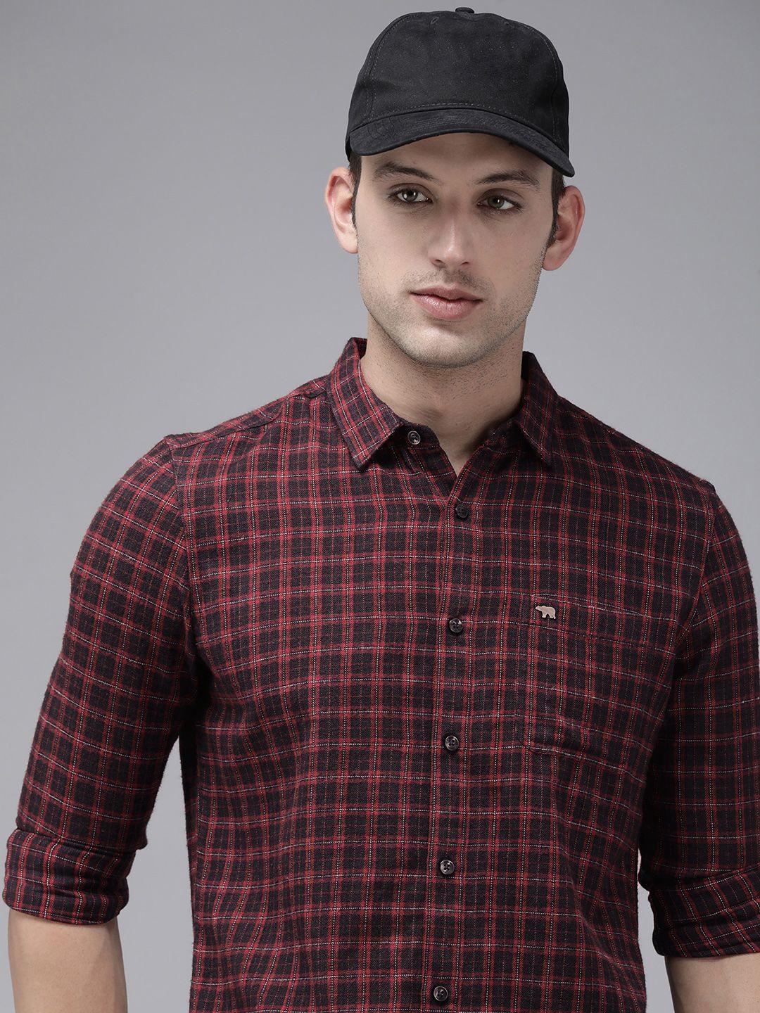 the bear house men red slim fit tartan checks opaque checked casual shirt