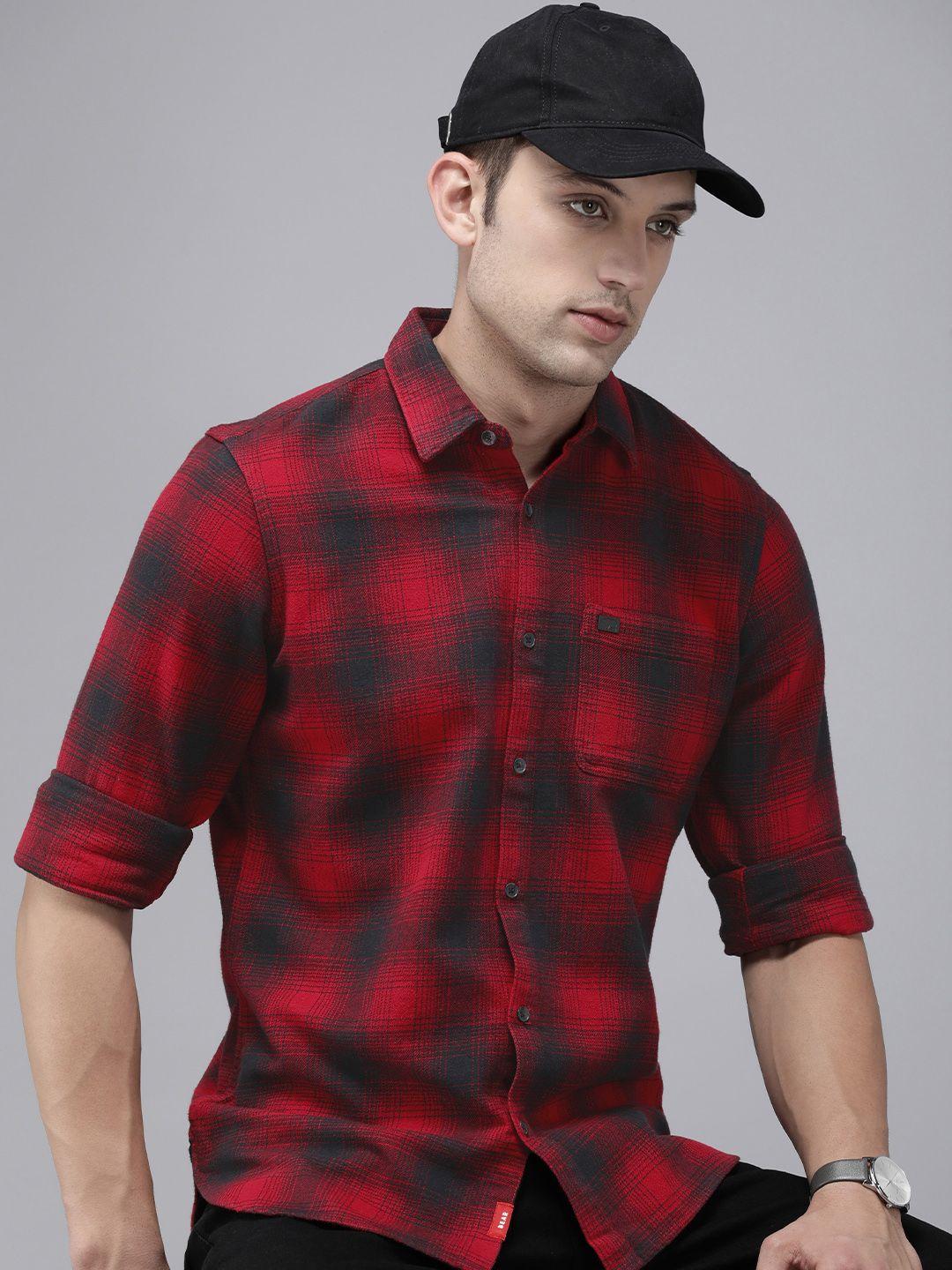 the bear house men red slim fit tartan checks opaque checked casual shirt