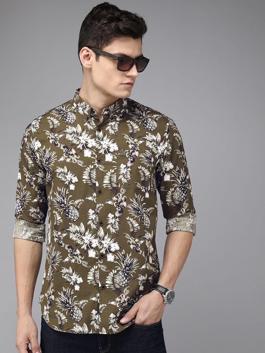 the bear house men slim fit floral printed cotton casual shirt