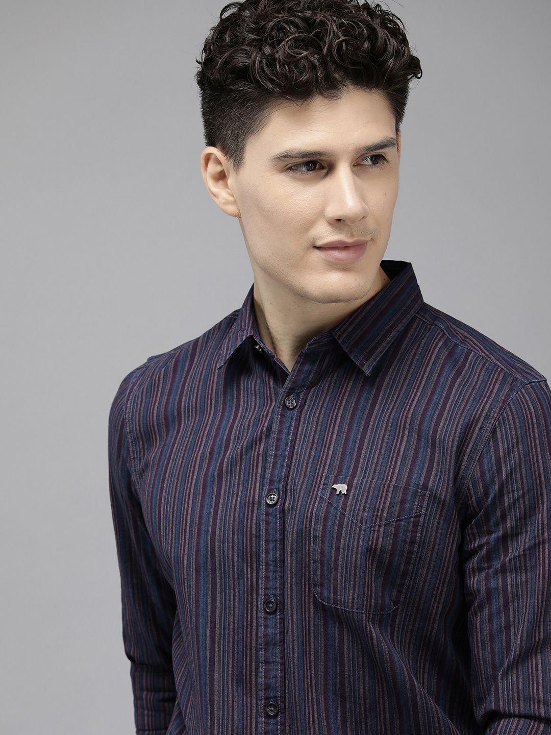 the bear house men slim fit pinstripes opaque casual shirt