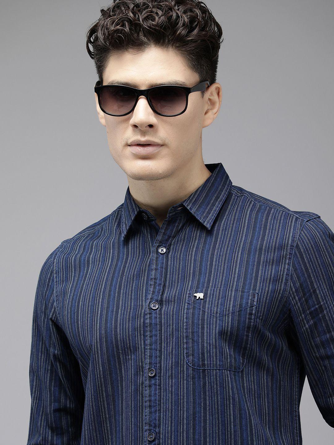 the bear house men slim fit pinstripes opaque casual shirt