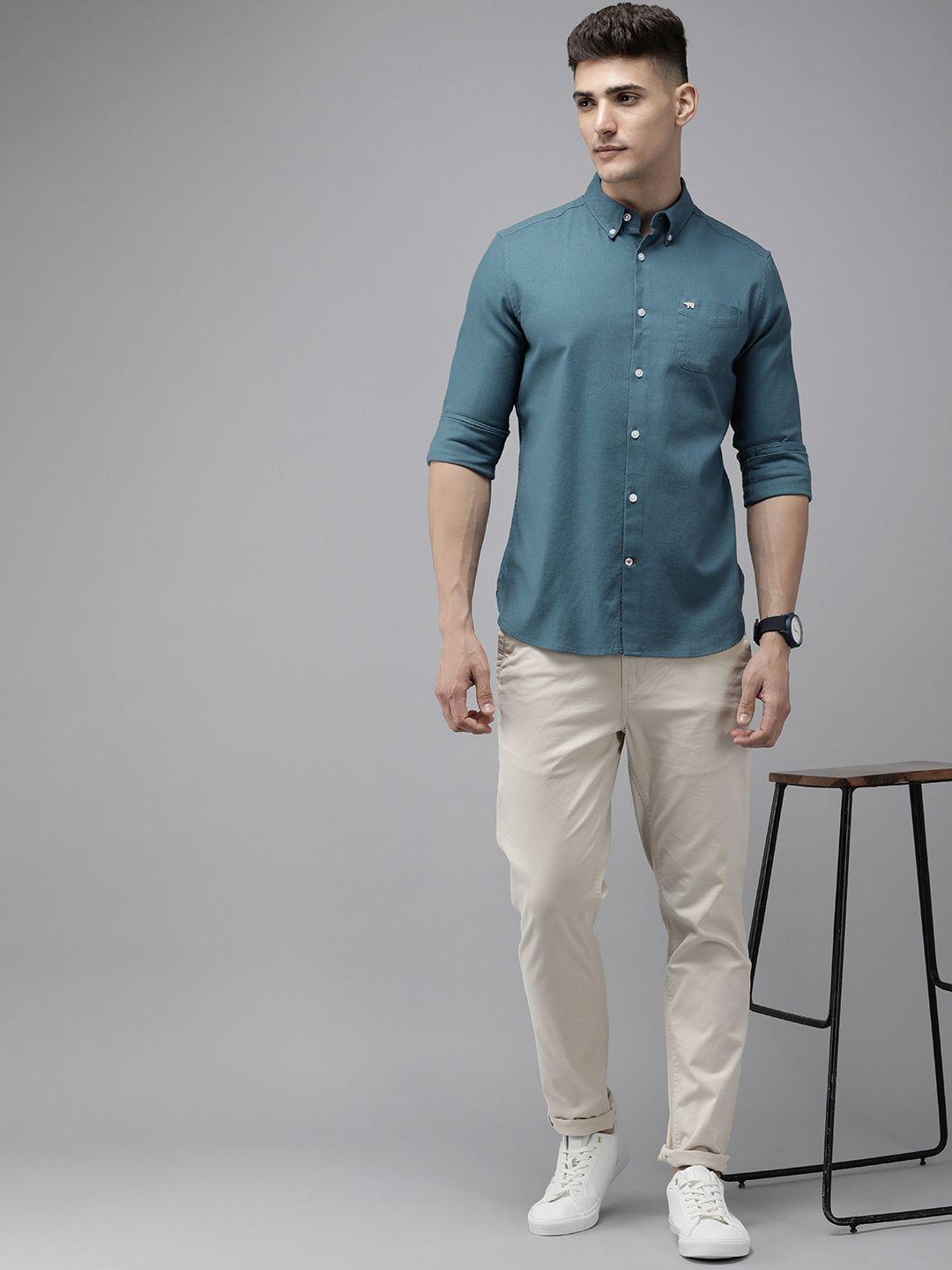 the bear house men teal slim fit opaque casual shirt