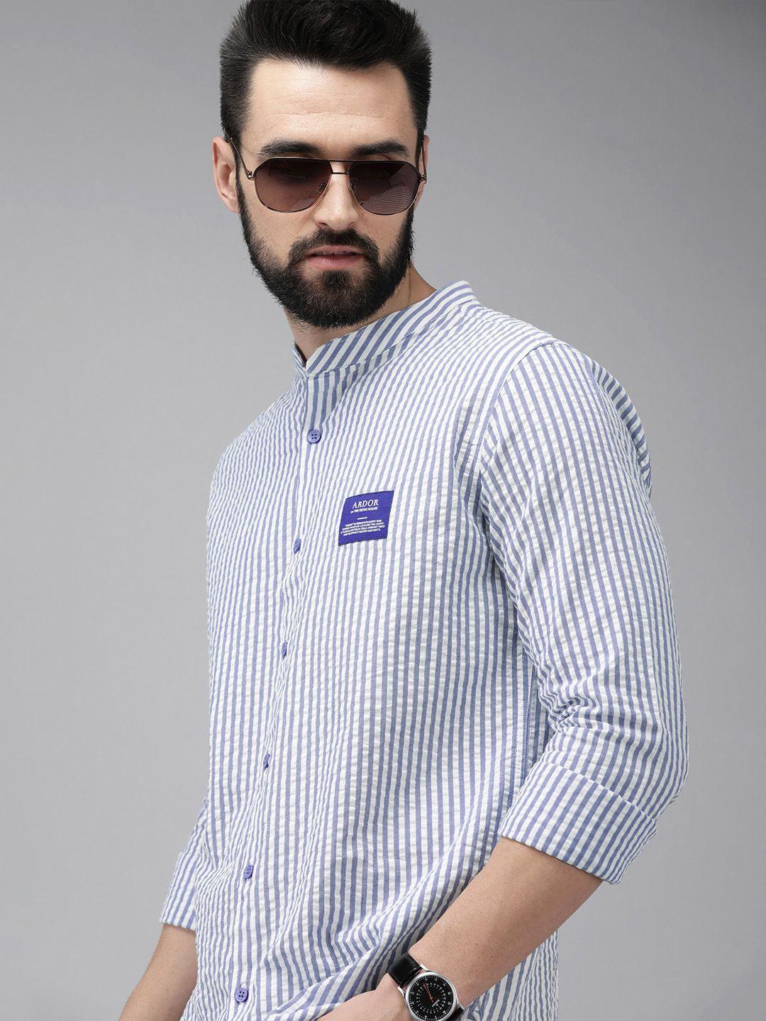 the bear house men white & navy blue slim fit striped cotton seersucker shirt