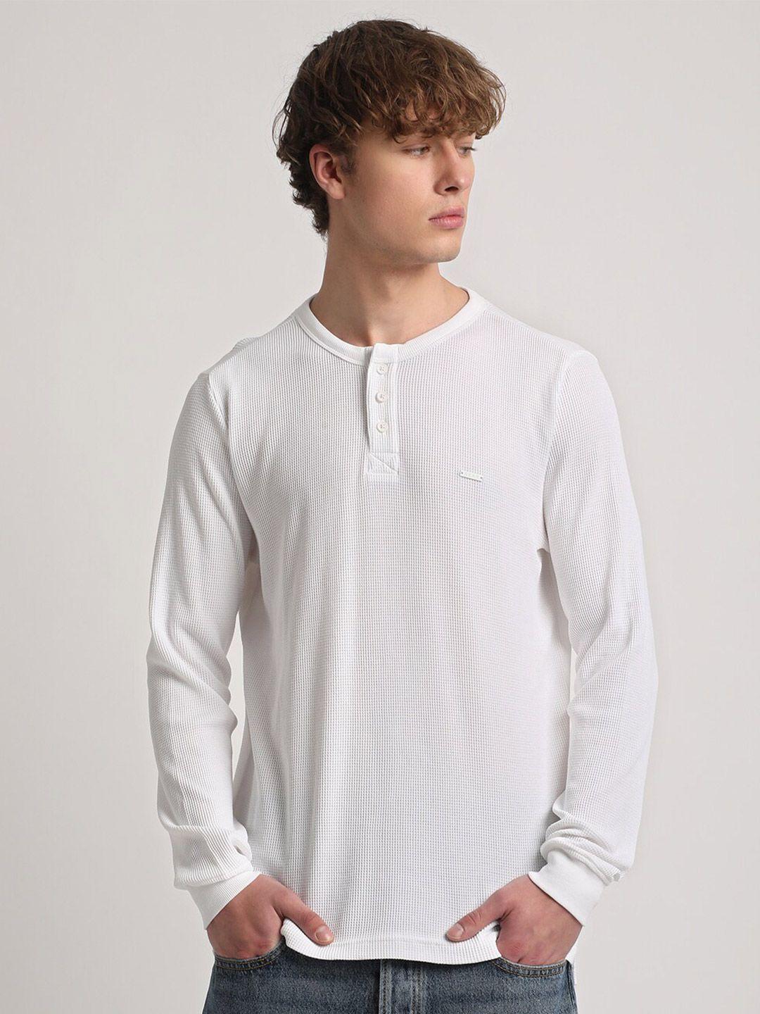 the bear house men white henley neck raw edge slim fit t-shirt