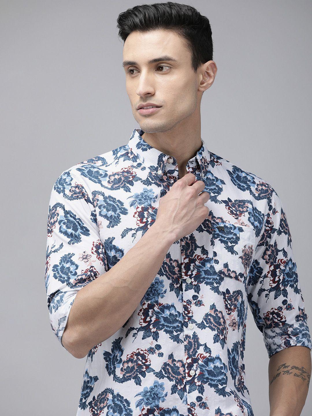 the bear house men white pure cotton slim fit floral printed casual shirt