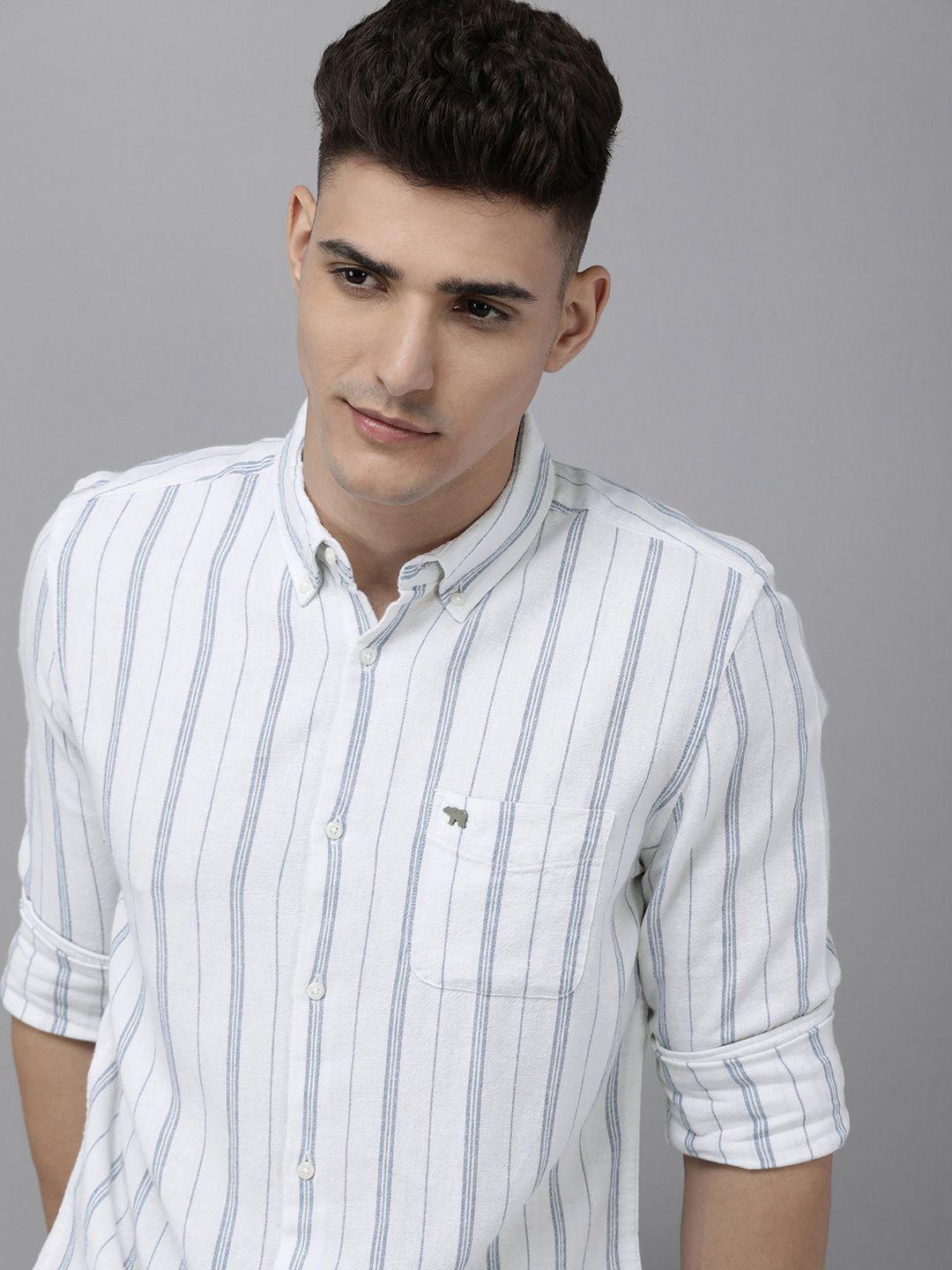 the bear house men white slim fit opaque striped casual shirt