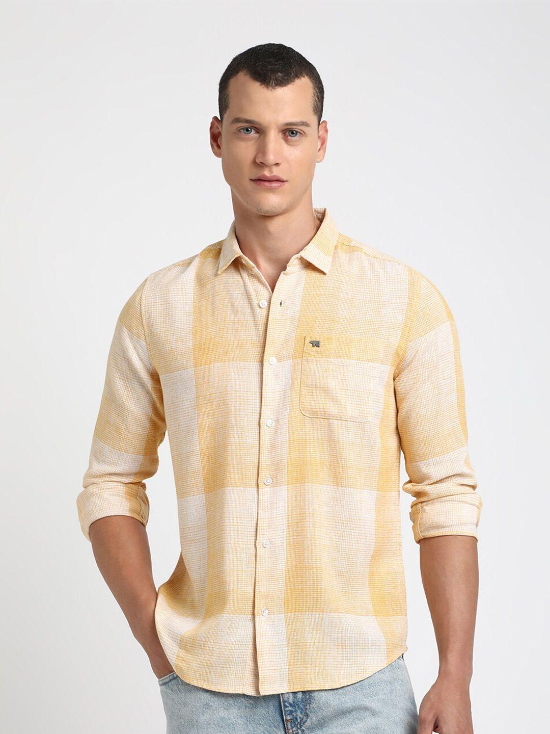 the bear house men yellow slim fit opaque casual shirt