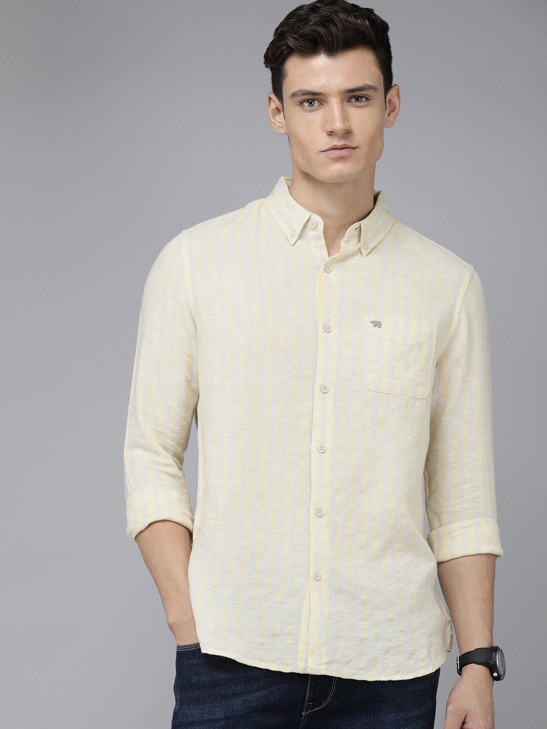 the bear house men yellow slim fit opaque striped casual shirt