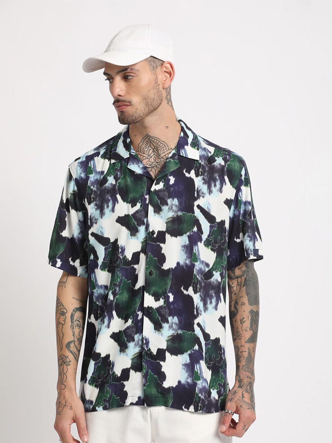 the bear house regular fit abstract printed cuban collar casual shirt