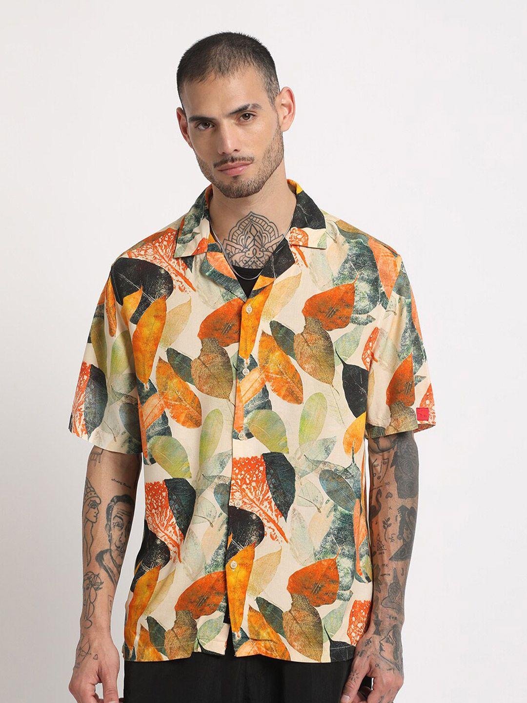 the bear house regular fit floral printed cuban collar casual shirt