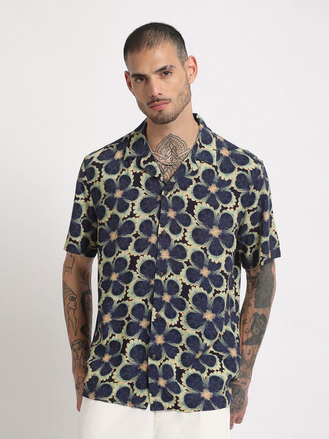 the bear house regular fit floral printed cuban collar casual shirt