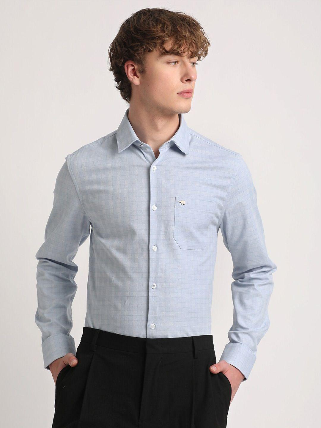 the bear house slim fit micro checks spread collar long sleeves cotton formal shirt