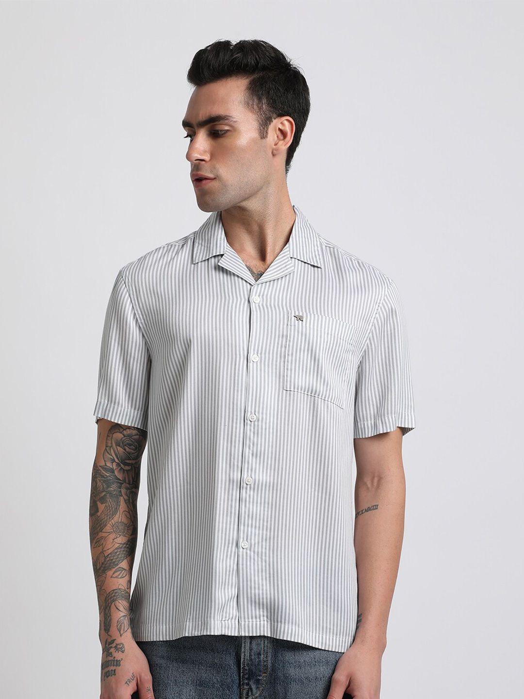 the bear house slim fit striped cuban collar casual shirt