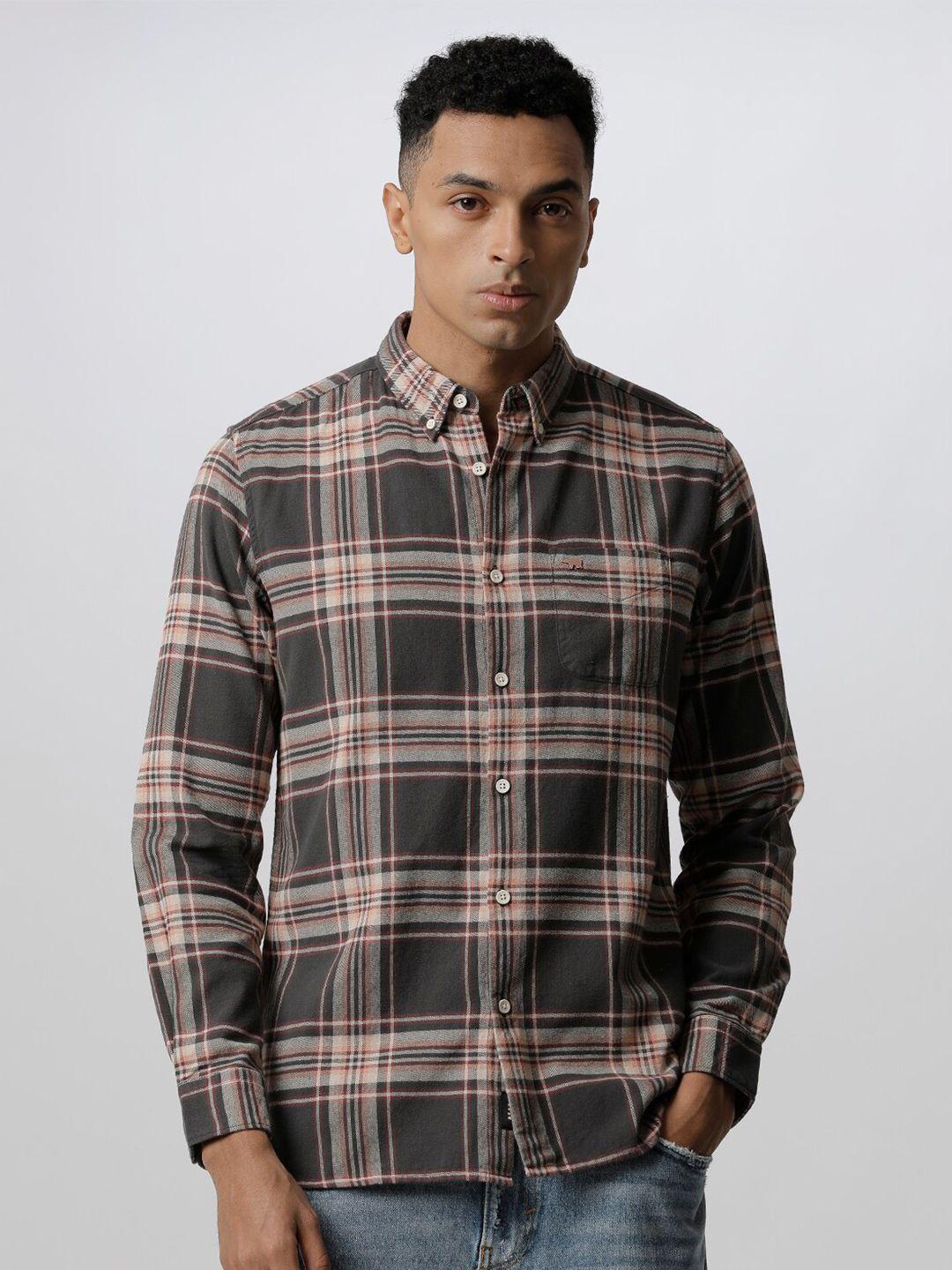 the bear house slim fit tartan checks pure cotton casual shirt