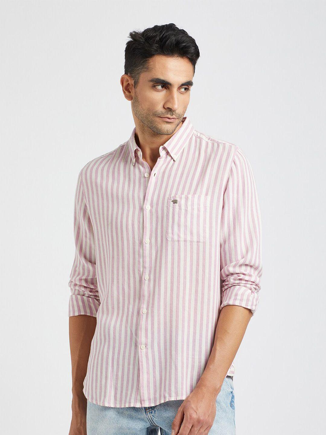 the bear house slim fit vertical striped button-down collar cotton linen casual shirt