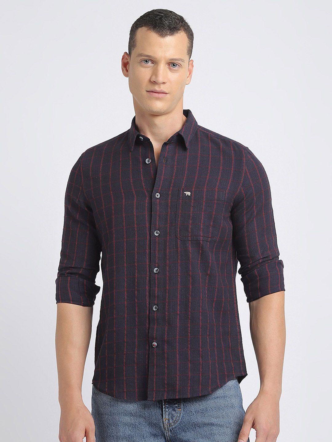 the bear house spread collar slim fit checked flannel casual pure cotton shirt