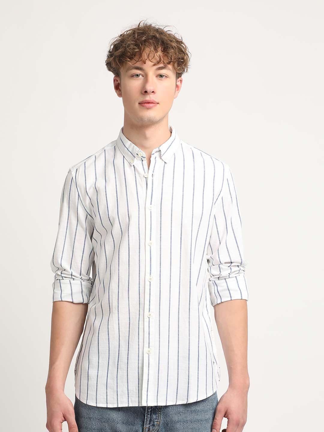 the bear house striped cotton button-down collar slim fit opaque casual shirt