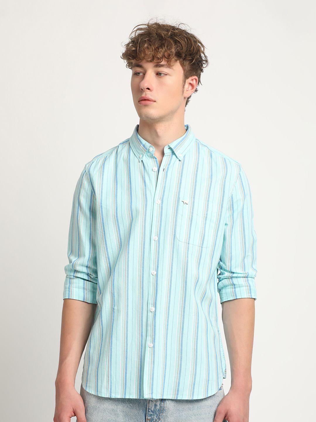 the bear house striped cotton chambray slim fit opaque casual shirt