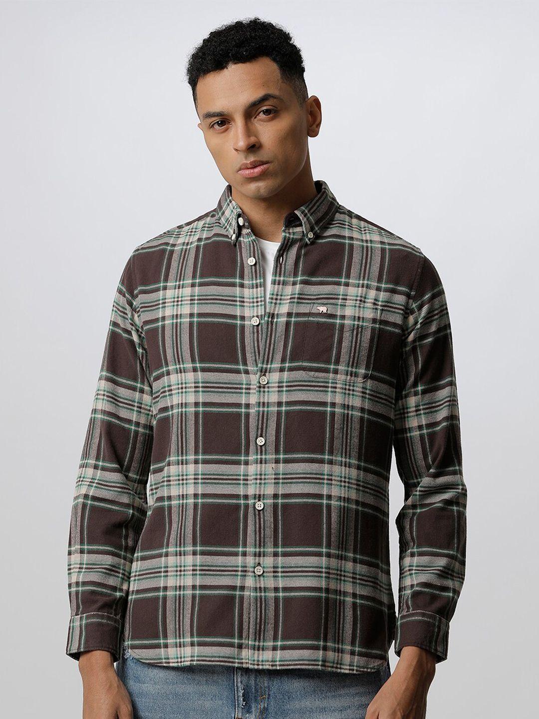 the bear house tartan checked slim fit casual pure cotton shirt