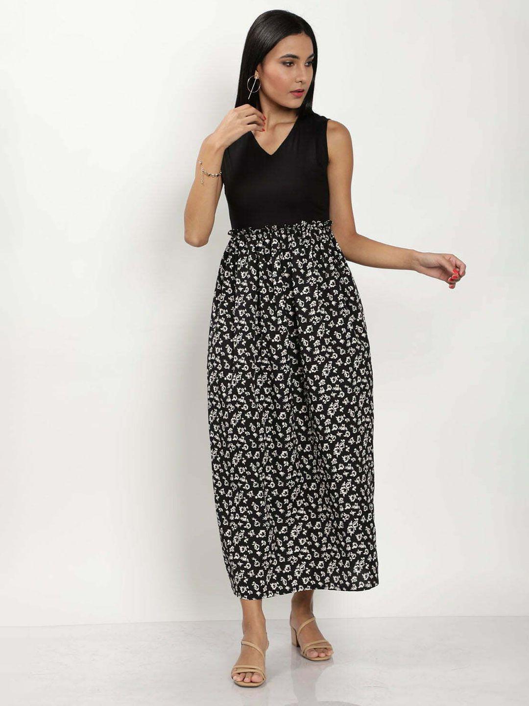 the black lover floral printed v-neck sleeveless cotton fit & flare dress