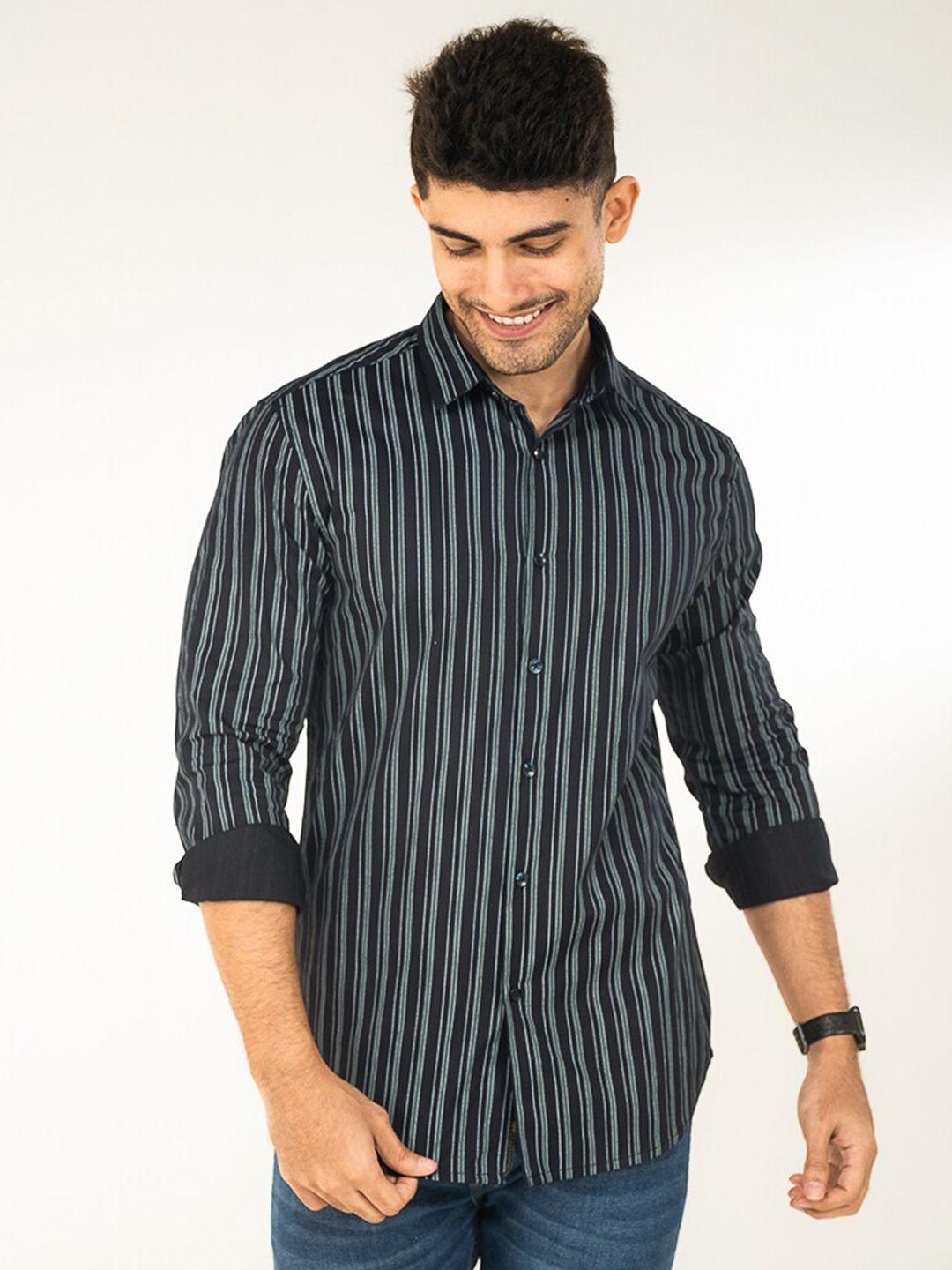 the bleu label spread collar long sleeves classic slim fit cotton striped casual shirt