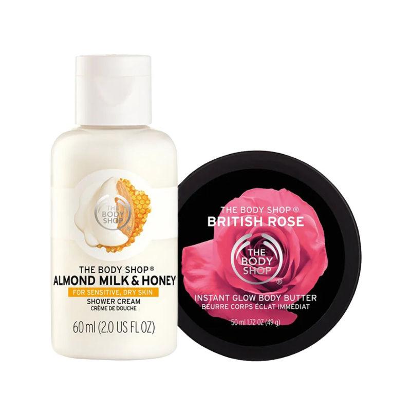 the body shop milk & honey shower cream & british rose body butter