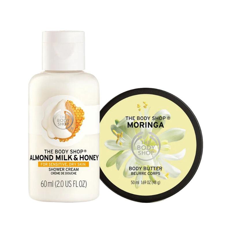 the body shop milk & honey shower cream & moringa body butter