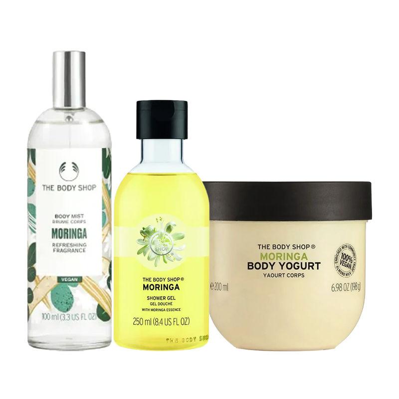 the body shop moringa shower gel, body yogurt & body mist combo