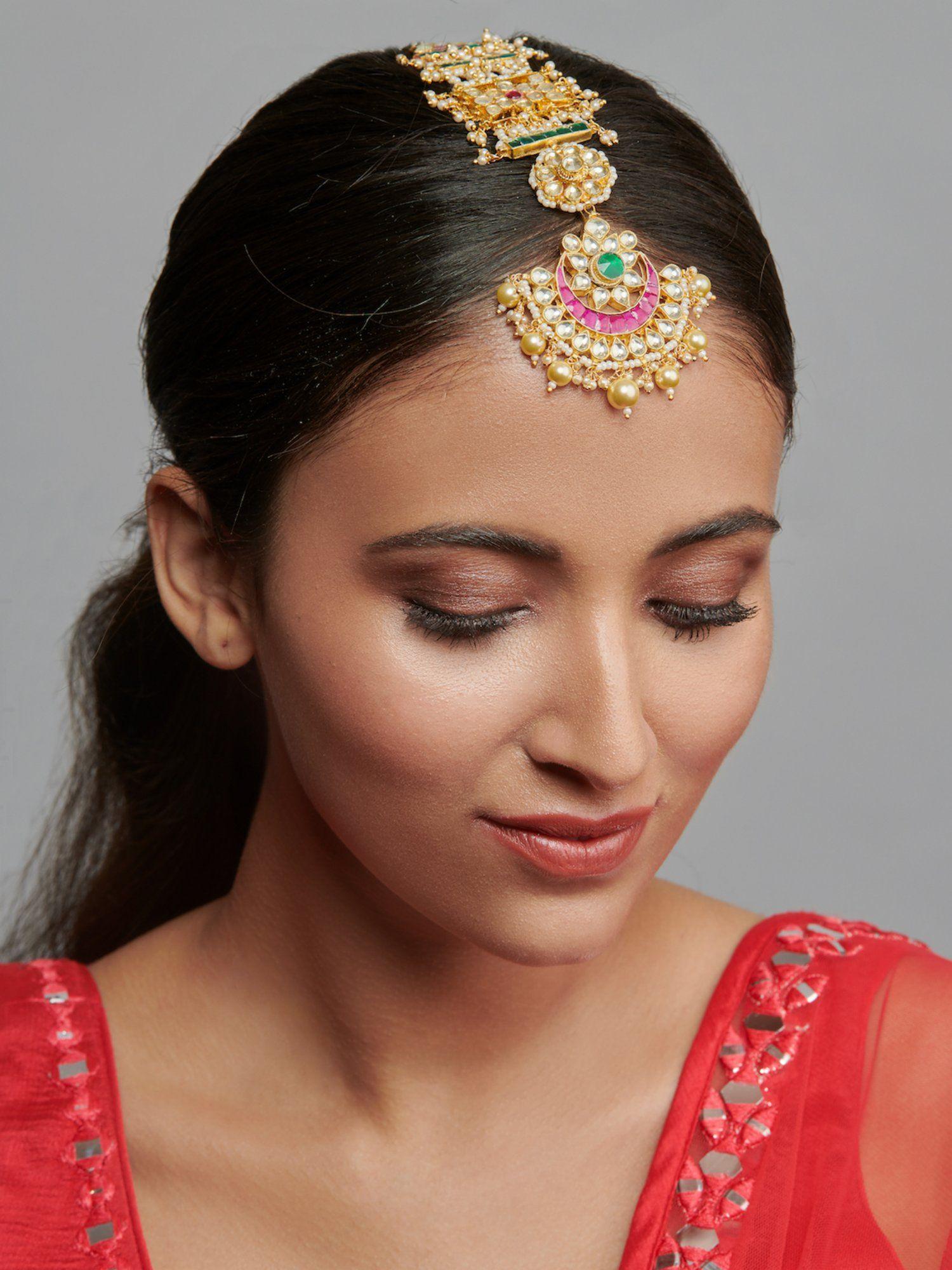 the bridal edit-pink,green and gold kundan maang teeka