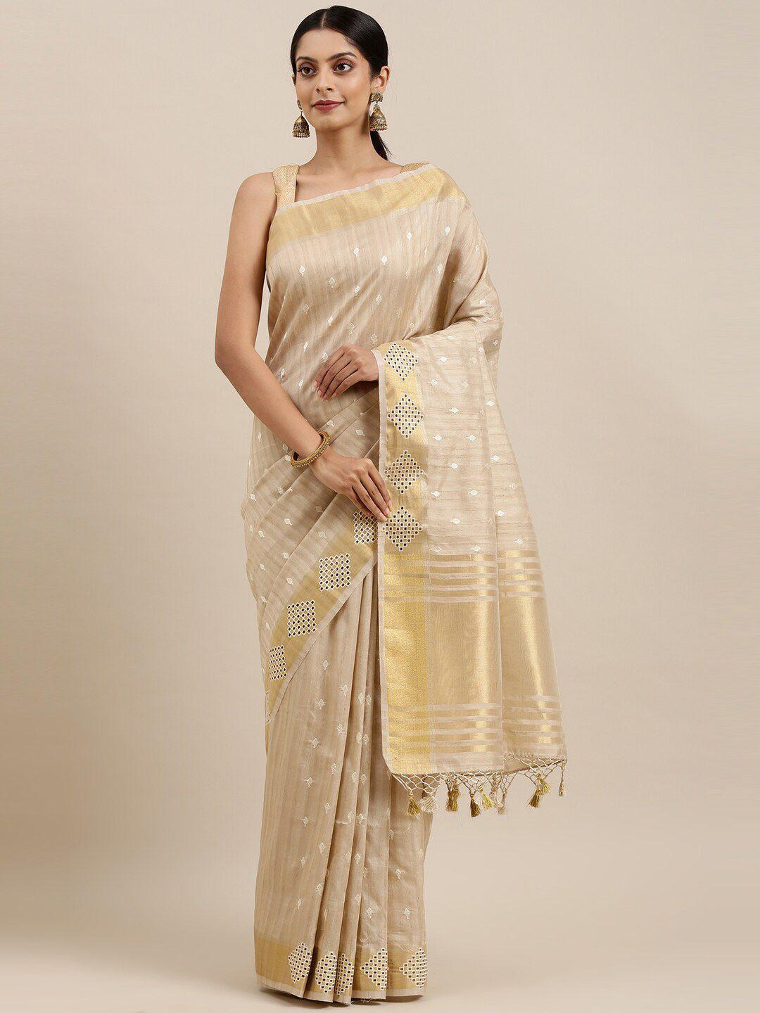 the chennai silks beige & gold-toned floral embroidered saree