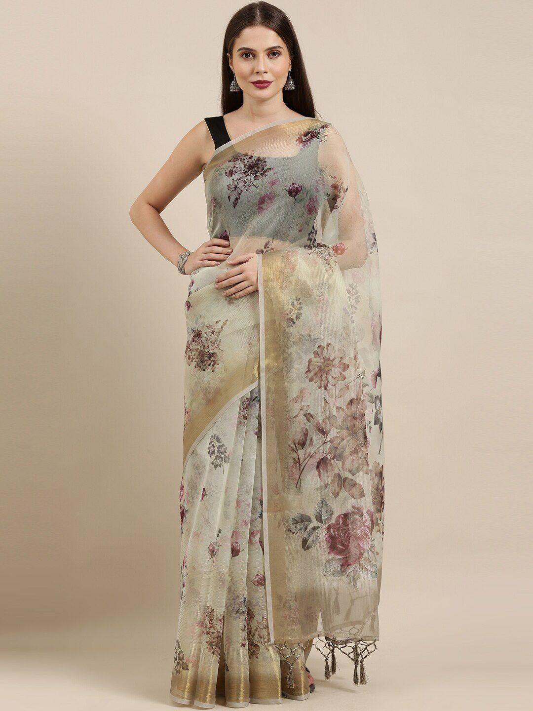 the chennai silks beige & maroon floral tissue fusion saree