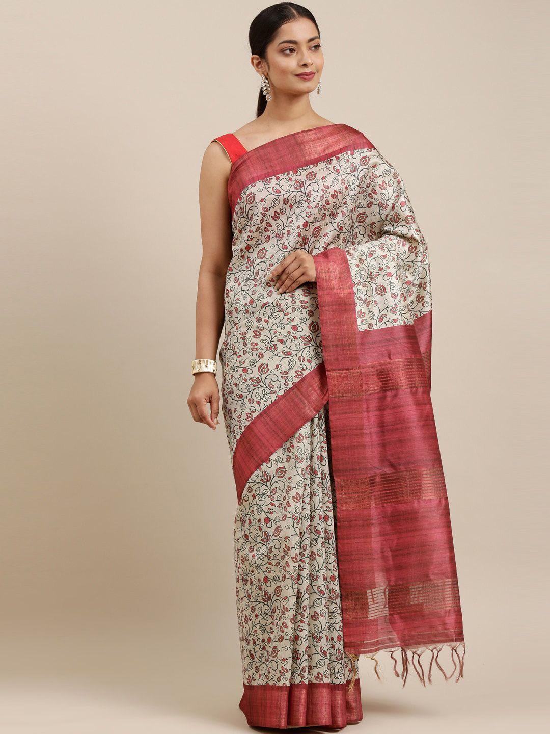 the chennai silks beige & pink floral zari fusion saree