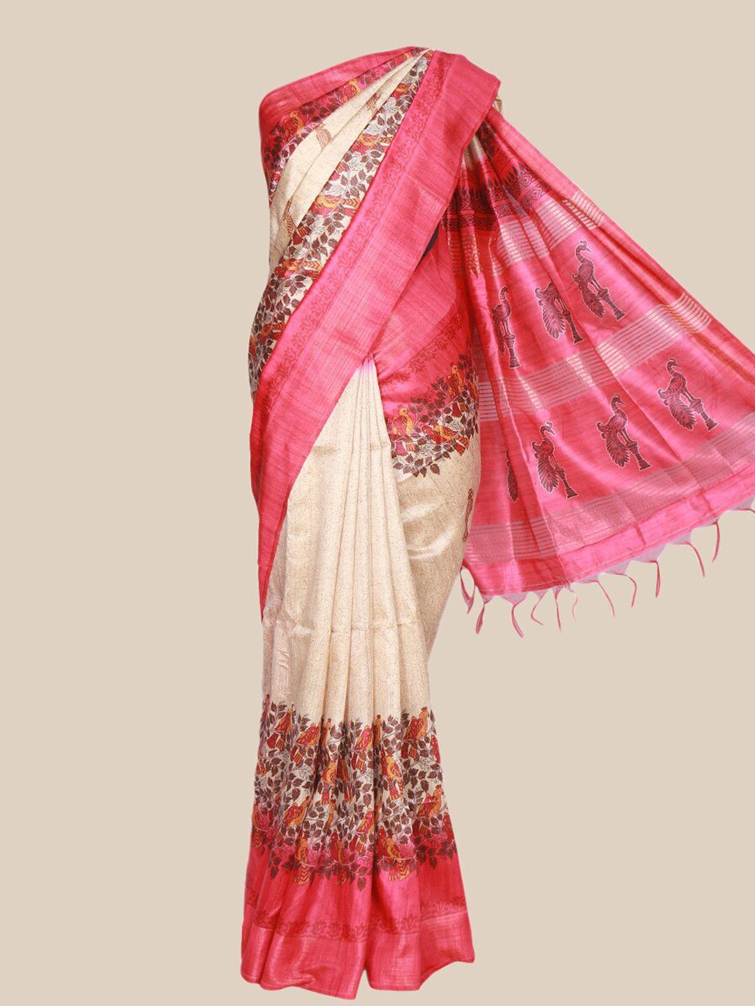 the chennai silks beige & rose floral printed saree