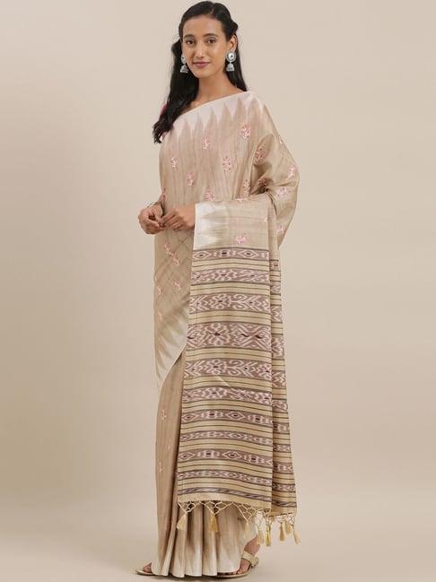 the chennai silks beige embroidered saree with unstitched blouse