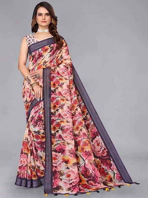 the chennai silks beige floral print saree with unstitched blouse